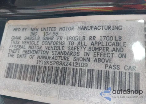 1999 Chevrolet Prizm Lsi z USA, uszkodzony, nr VIN 1Y1SK5283XZ412109